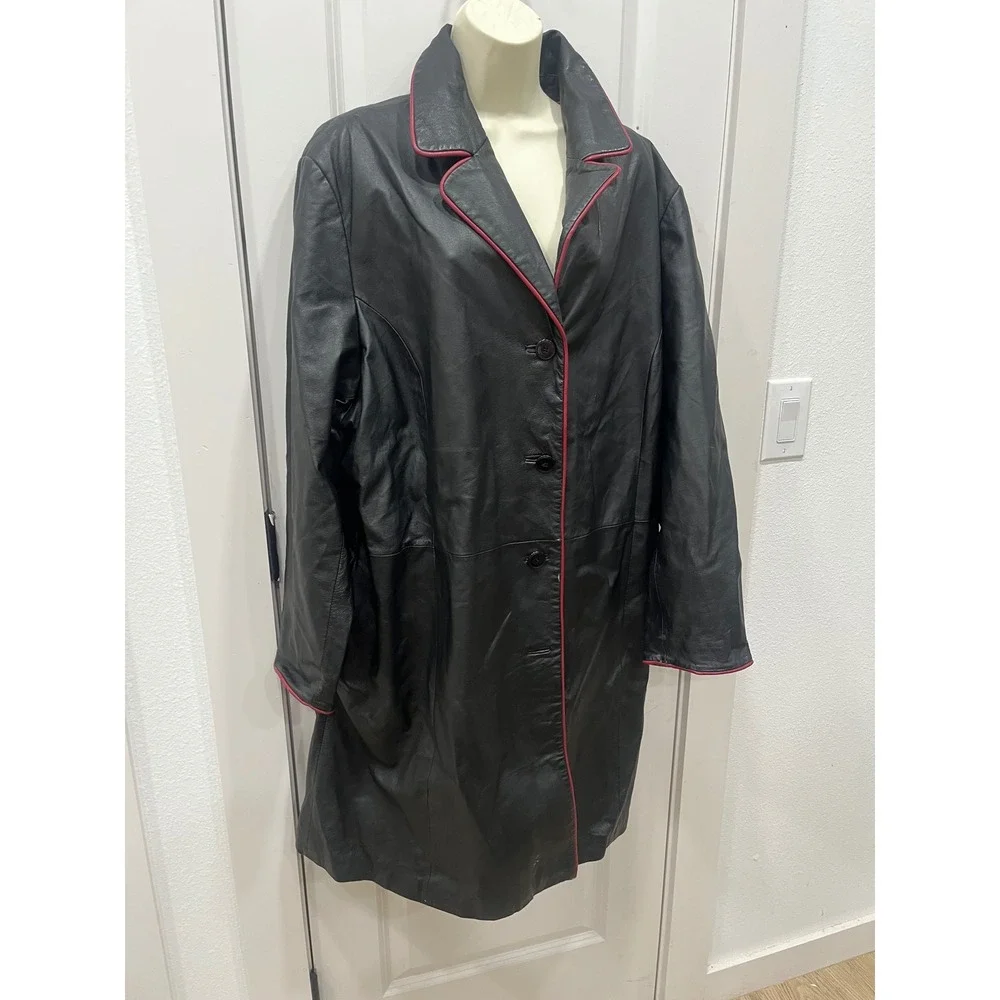 Mens Black Leather Trench Coat Pink Trim‎ Duster Jacket Outerwear Venezia